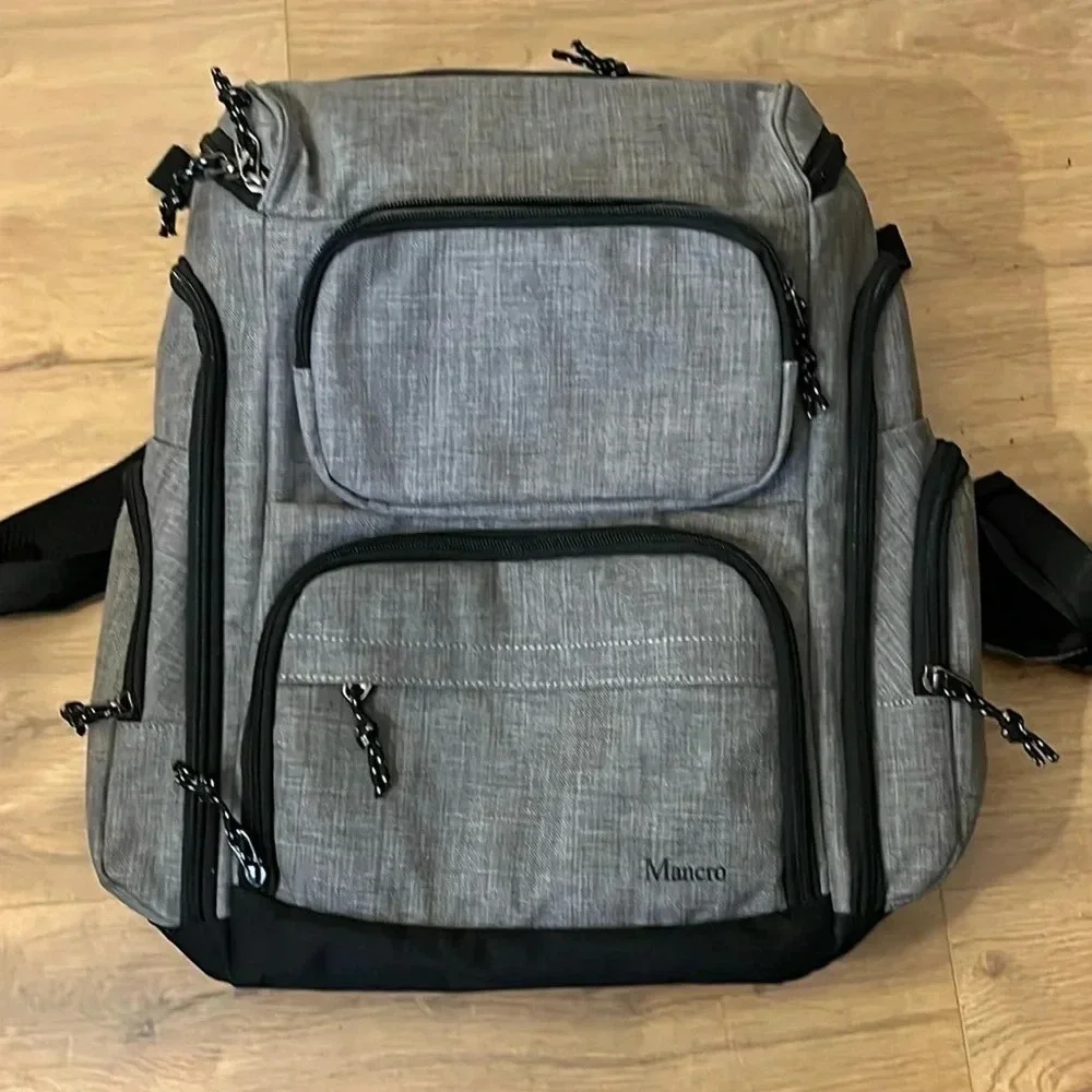 Mancro | Full size Diaper bag for baby Backpack with cooler holds bottles gray